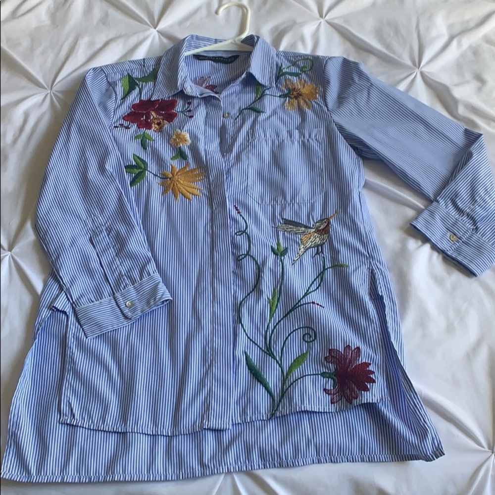 Blue embroidered pinstripe blouse